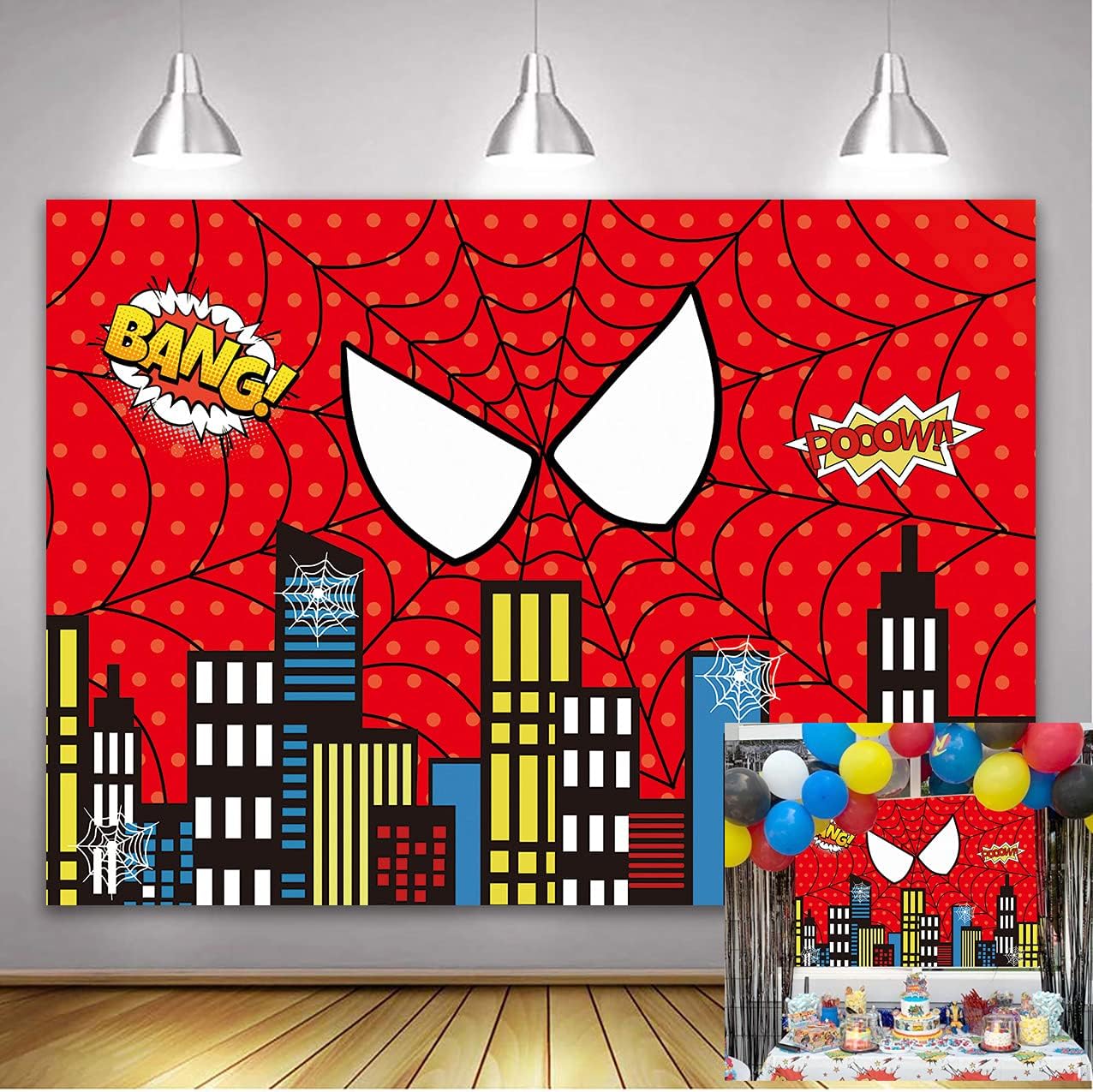 Super City Theme Backdrop Super Red Spider Web hero Cityscape Photography Background Boys Children Birthday Party Baby Shower Cake Table Decorations Photo Studio Props 7x5FT