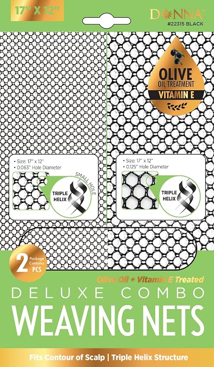 Donna Deluxe Combo Weaving Net for Hair Extensions 17"x12" Mesh Net, Large Hole & Small Hole Set, Triple Helix Structure, Olive Oil & Vitamin E Treated, Flexible Hair Weaving Net for Secure Sew-In