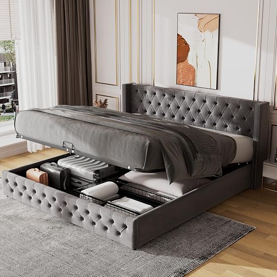 Ottoman Lift Storage Bed, 5ft King Size Bed Frame with Hydraulic Lever, Velvet Button-Tufted Upholstered Bed Frame with Gas Lift Up Underbed Storage, 150 x 200 cm Functional Bed, Grey, No Mattress