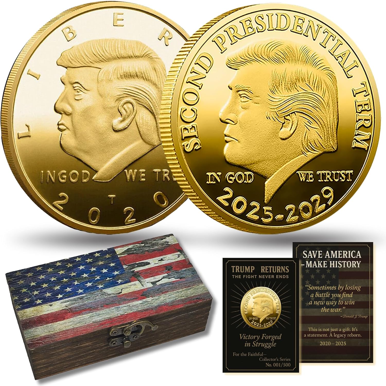 Donald Trump Gold Coin Gift Set, 2020 & 2025 President Challenge Coins in USA Flag Wooden Keepsake Box, Collector Gift for Patriots Trump Merchandise