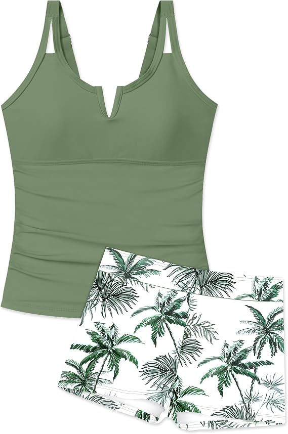 Girls Swimsuit V-Neck Cutout Tankini Tropical Print Swimwear with Shorts 2 Piece Bathing Suit for Girls 7-16Y