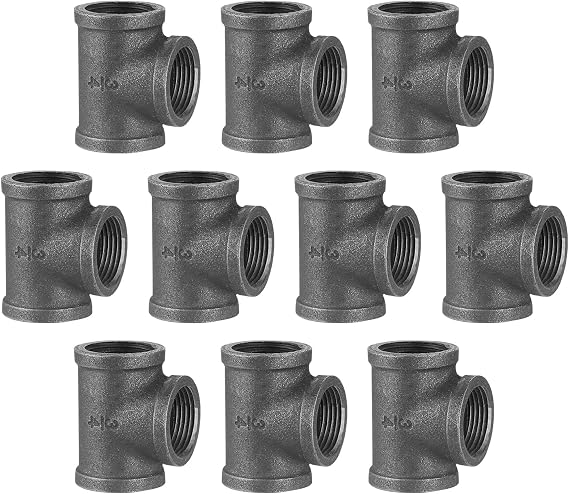 3/4" Pipe Fitting Tee, 10 Pack DN20 Threaded Gray Cast Malleable Iron for Steampunk Vintage Shelf Bracket DIY Plumbing Pipe Decor Furniture (10, 3/4")