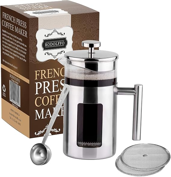 34 Ounce French Press Coffee Maker with Stainless Steel 18/8 frame, 1 Litre Heat Resistant Borosilicate Glass Carafe includes 2 extra French Press Filters and 1 Coffee Spoon