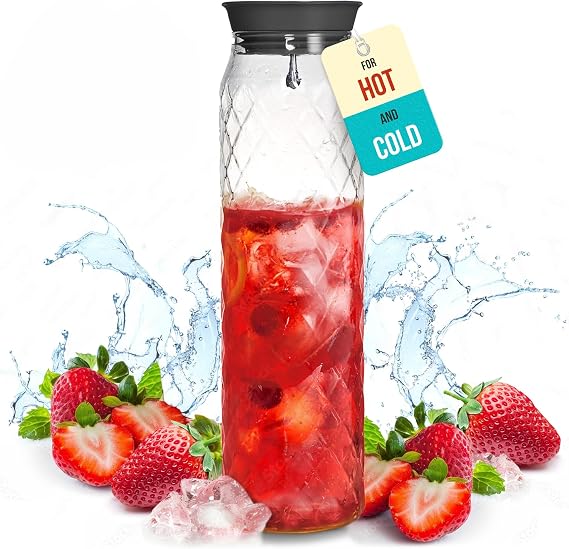 Premium Borosilicate Glass Pitcher - 1.2 Litre / 41 oz, Borosilicate Glass - Water Carafe with Lid - for Hot/Cold Beverages - Milk Jug - Iced Tea Pitcher - Juice Server - by PJC-Kitchen