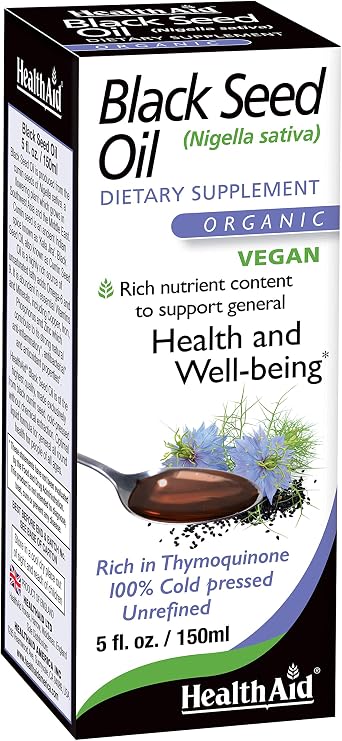 HealthAid Black Seed Oil Organic, Cold-Pressed Nigella Sativa Standardized 150 mg Thymoquinone Supports Immune Function, Antioxidant Activity & Daily Wellness Vegan, Non-GMO 5 oz*