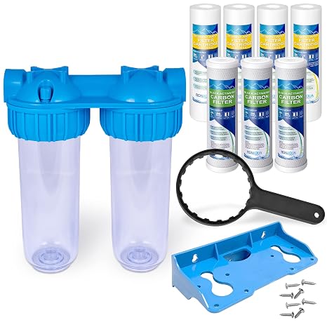 Dual Whole House Water Filter System, Transparent Standard Housings, Presser Relief Valve, 3/4 Inlet/Outlet Brass Port, Yearly supply of Sediment & Carbon Cartridges Meets NSF Standards & Regulations