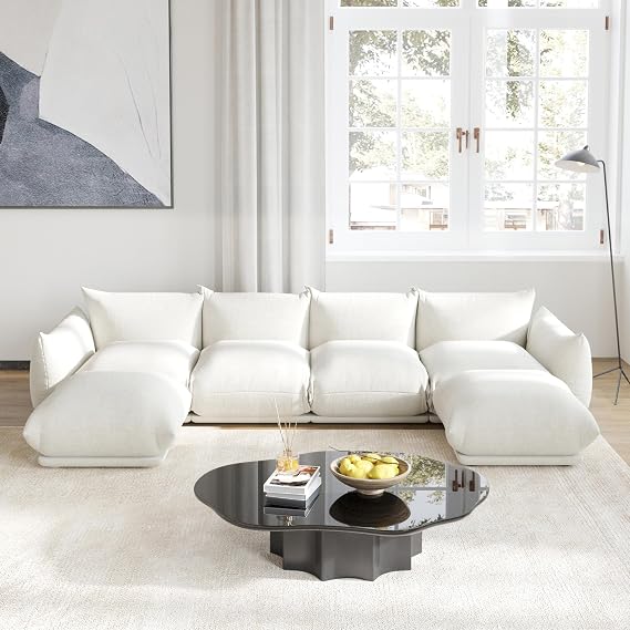 130" Oversized Deep Seat Cloud Sofa, Modern Chenille Sectional Couch, U Shaped Modular Sofa with Plush Thick Cushions & Ottoman for Living Room Apartment Bedroom Office, Beige