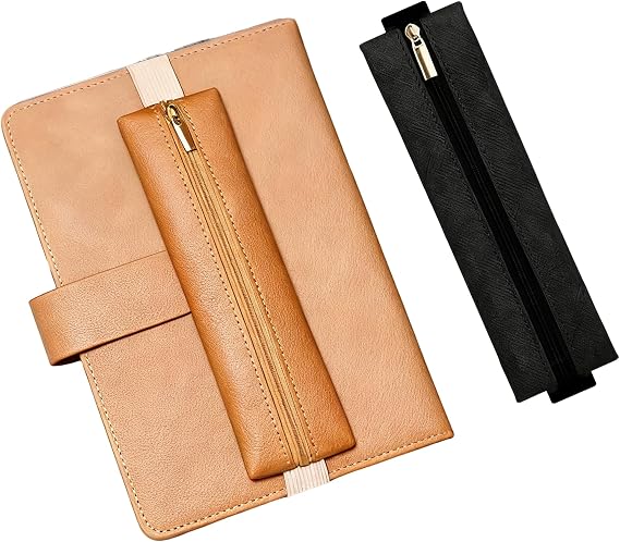 2pcs Slim Elastic Strap Pencil Pouch, Black & Caramel