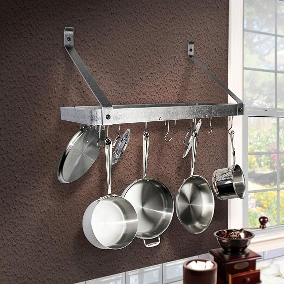 Handcrafted 30" Gourmet Bookshelf Wall Rack, Straight Arms, 12 Hooks, Hammered Steel