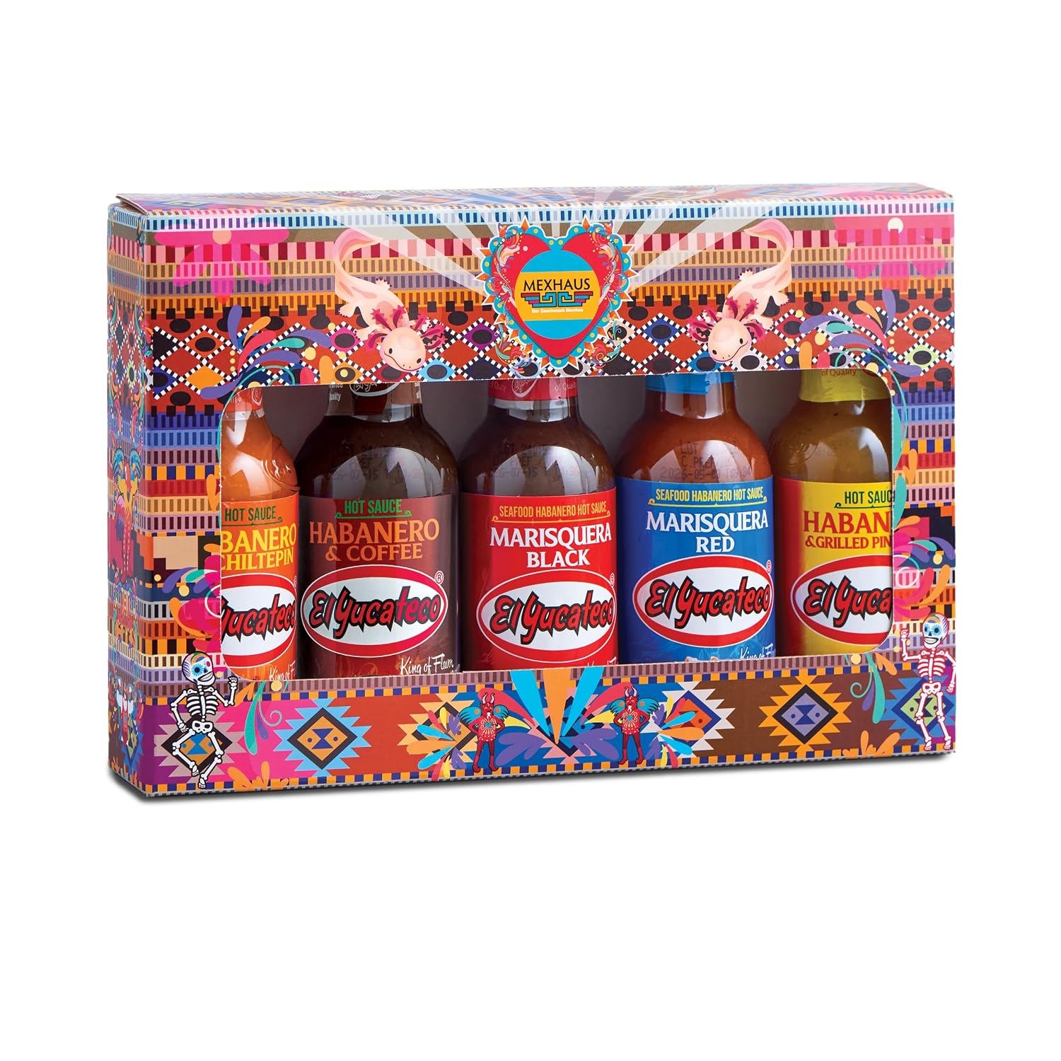 Hot Sauces Gift Set Yucateco - Mexhaus with 5 Spicy Chili Sauces 100% Mexico Habanero with Chiltepin Coffee Marisquera Black Marisquera Red and Habanero & Roasted Pineapple