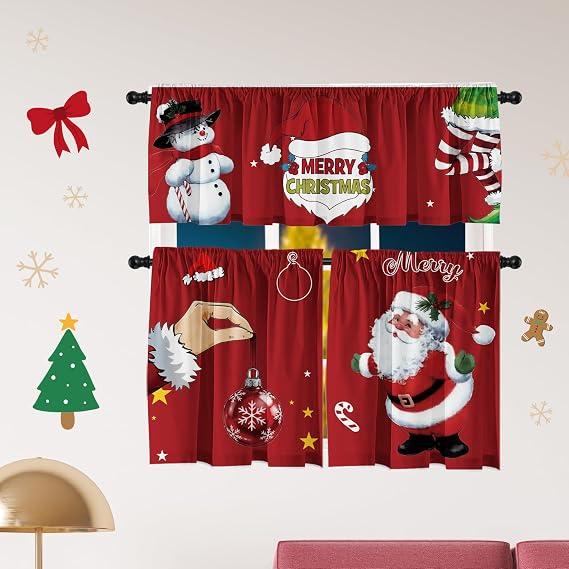 Christmas Kitchen Curtain Winter Holiday Festive Small Window Decoration Farmhouse Tiers Xmas Design 52x18inchx1, 26x36inchx2 3 Panel Rod Pocket Red and Green