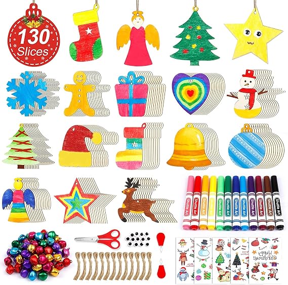 Shuttle Art 360 PCS Wooden Christmas Ornament Kit, 130 Unfinished Wood Slices with 13 Styles, 130 Jute Twine, 12 Colors Washable Markers, 50 Bells, DIY Christmas Decoration Crafts for Kids and Adults