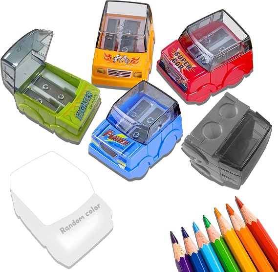Pencil Sharpener,6PCS Car Shape Manual Pencil Sharpeners,Dual Hole Sharpener with Lid,Handheld Rotary Pencil Sharpener for Students School Supplies,Class Home Office or Art Studio(One Assorted Color)