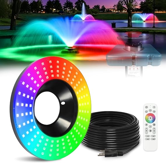 Goldlife Pond Fountain Aerator Lights, F0-1 (No Pump) 160W RGBW 16000LM 120LED Fountain Light with 100FT Power Cord, IP68 Fully Glued Body Sync Control Multicolor Light for Almost Floating Pond Pump