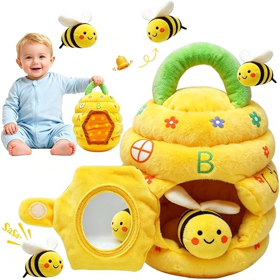 Baby Toys 6-12 Months, Beehive Montessori Toys for 1 Year Old with 5 Sensory Bees Stuffed Animals, Crinkle, Rattles, Squeaker, Jingle Bells, Mirror, Infant Toy Birthday Christmas Gift