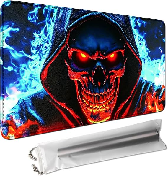 MTG Playmat 24x14 Inch,Skull in Blue Orange fire Magic The Gathering Playmat,TCG Playmat with Stitched Edges Non-Slip Rubber Base,Duskmourn Commander OCG CCG Card Board Game Mat Mousepad Desk Mat
