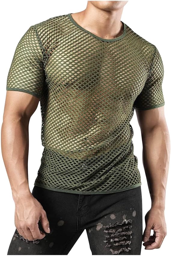 Muscle Fit Shirt for Men 2025 Fashion Short Sleeve Hollow Out Fishing Net Casual Shirts Athletic Gym Workout Tops