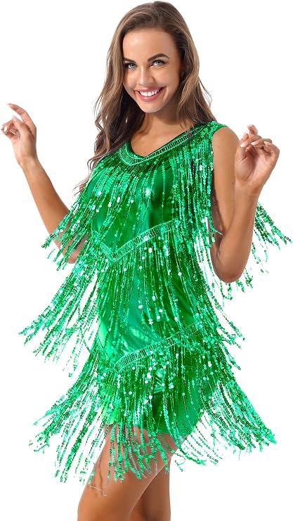 ACSUSS Women Shiny Sequins Ballroom Latin Dance Dress Salsa Tango Cha Cha Costumes Dress