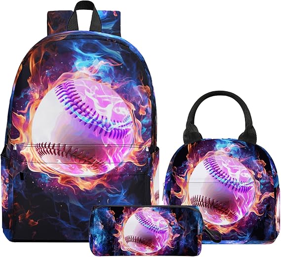 3PCS Boys Baseball Backpack, Bookbag for Kids Boys with Lunch Box, 17 Inch Baseball Teens Back to School Bag Set, Laptop Backpack for Mens School/Daypack