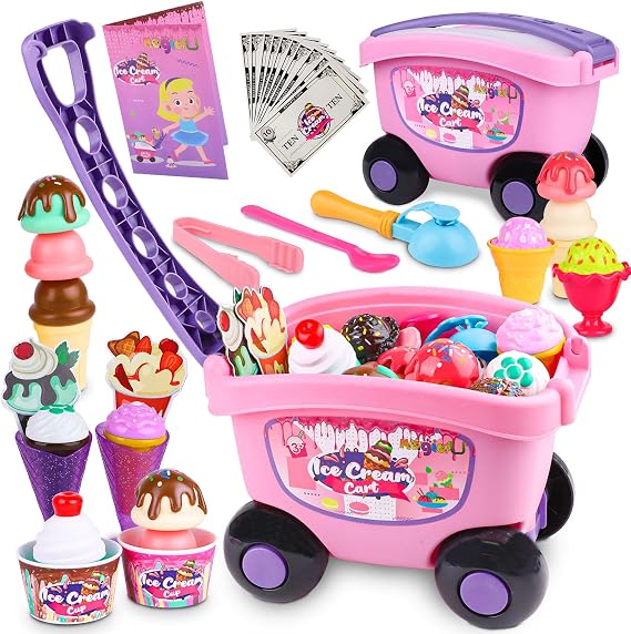 Magic4U Ice Cream Cart Toys for Kids, 48 Piece Ice Cream Shop Pretend Play Set with Scooper, Toppings and Other Scoop and Serve Toys for 3 4 5 6 Years Old Girls Gifts, Pink