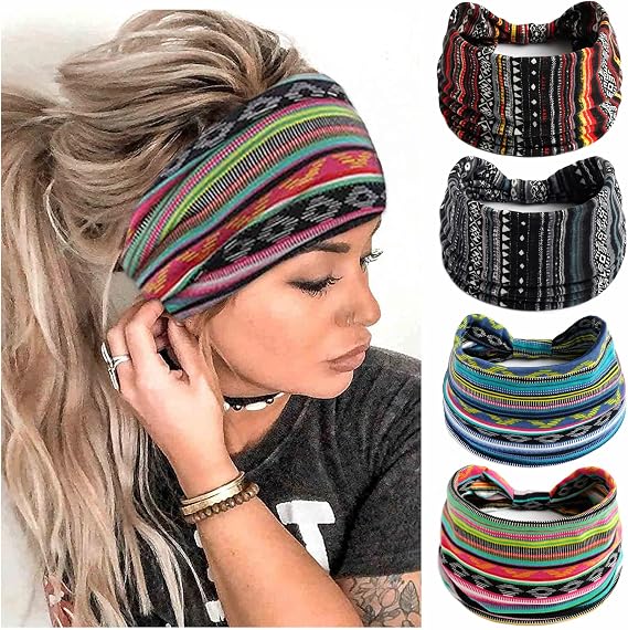 Boho Headbands For Women Fashion Stretch Wide Hair Bands Knoted Turban Head Bands Yoga Running Sweatband Elastic Headband Stylish Wrap Headbands Hair Accessories for Teen Girls 4 Pack
