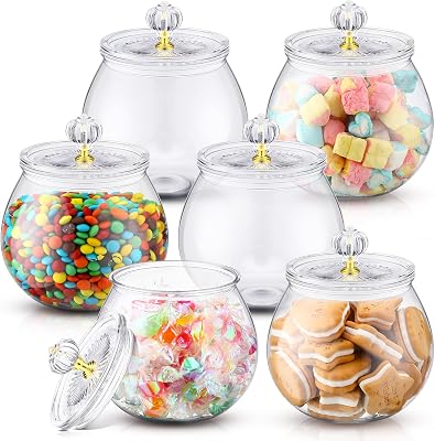 Nuogo 6 Pcs Plastic Candy and Cookie Jar with Lids Decorative Apothecary Jars Candy Buffet Containers Clear Airtight Food Storage Canister Home Decoration30 oz,Stylish