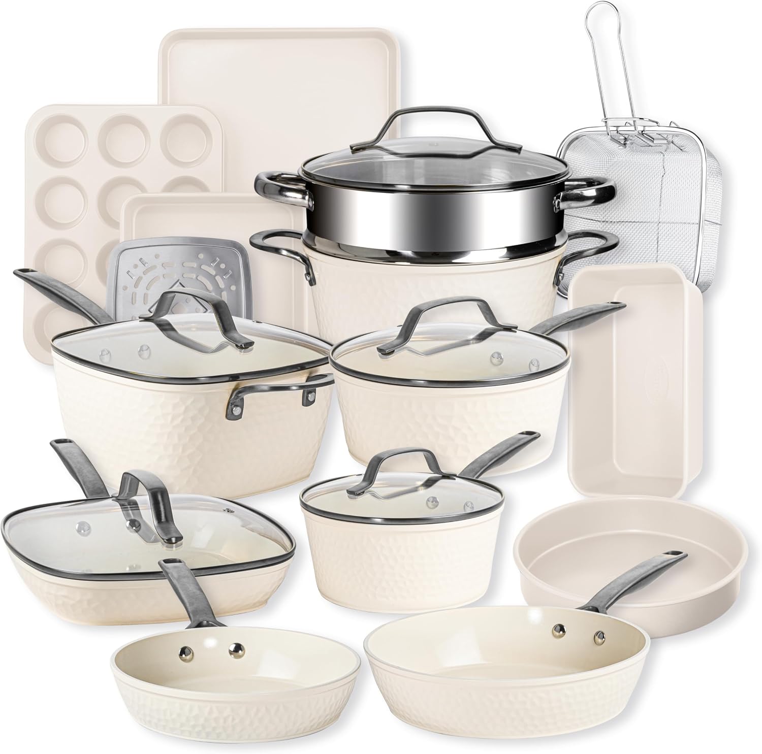 GOTHAM STEEL Hammered 20 Pc Ceramic Cookware Set Nonstick, Induction Pots and Pans Set Non Stick for Kitchen, Deep Pots and Pans for Cooking, Non Toxic Cookware Sets, Oven & Dishwasher Safe
