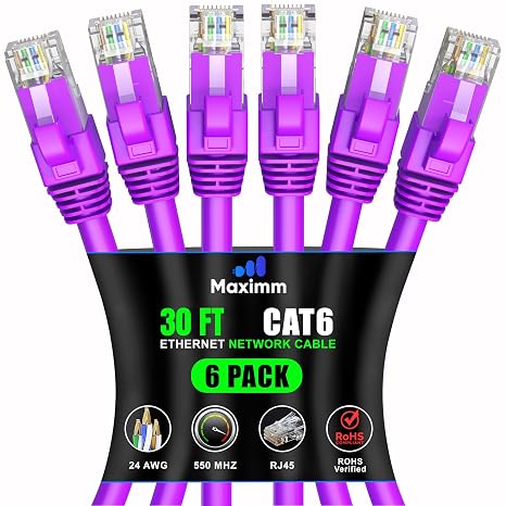 Maximm Cat6 Ethernet Cable 30 Ft, 10 Gbps 550 MHz, Purple, 6 Pack