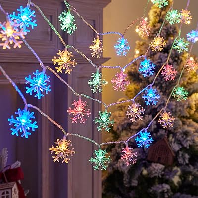 Snowflake String Lights, 20 Ft 40 LED Battery Operated Waterproof Multicolor Snowflake Fairy Lights Indoor Outdoor for Bedroom Patio Room Garden Party Xmas Decor Christmas Tree Decorations