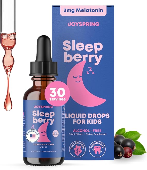 JoySpring SleepBerry Kids Melatonin 3mg Drops, Berry, 1 fl oz, 30 Ct | With L-theanine and Vitamin D plus soothing botanicals, supports calm, restful nights, non-habit forming, sugar-free