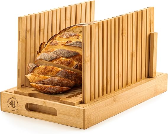Bambusi Bread Slicer for Homemade Bread - Upgraded Adjustable Bamboo Bread Cutter Board, Foldable Slicing Guide with Crumb Tray for Sourdough, Artisan Loaves, Bagels, Cakes, Bakery Kitchen Gadget Gift