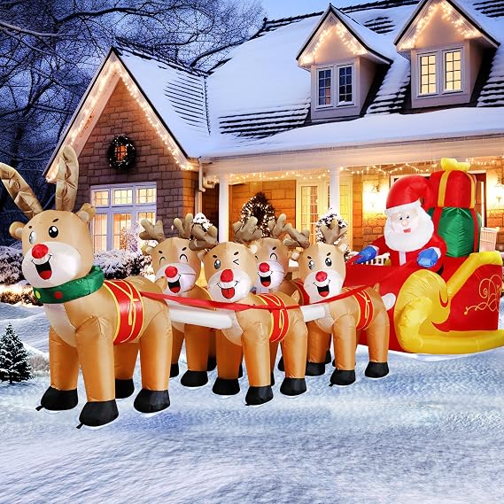 DomKom 12 FT Christmas Inflatable Santa Claus on Sleigh with Five Reindeers, Giant Blow Up Yard Decoration,Built-in LED Lights Decoration for Christmas Party, Holiday Lawn Winter Decor