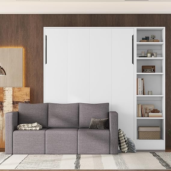 LUMISOL Full Size Murphy Bed with Sofa and Storage Shelves, Multi Functional Foldable Bed Design with Integrated Floor Storage Cabinet, Wall Bed Frame for Small Living Areas and Guest Rooms, White