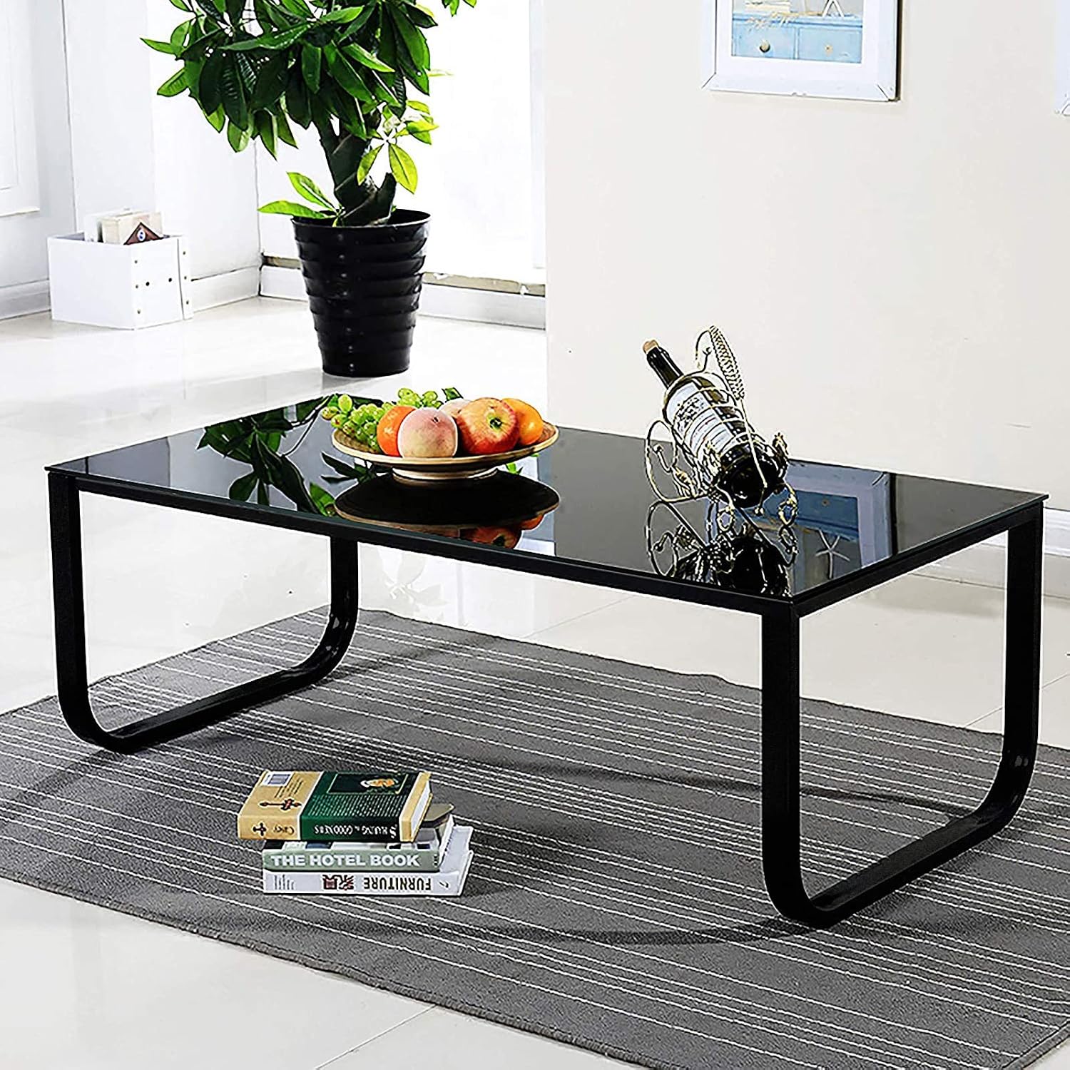 OFCASA Coffee Table with Storage Metal Frame Legs Black Glass End Side Table Coffee Table for Living Room Home Office