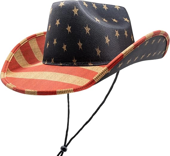 Windy City Novelties Vintage Tea-Stained American Flag Cowboy Hat Small 21" with chin strap