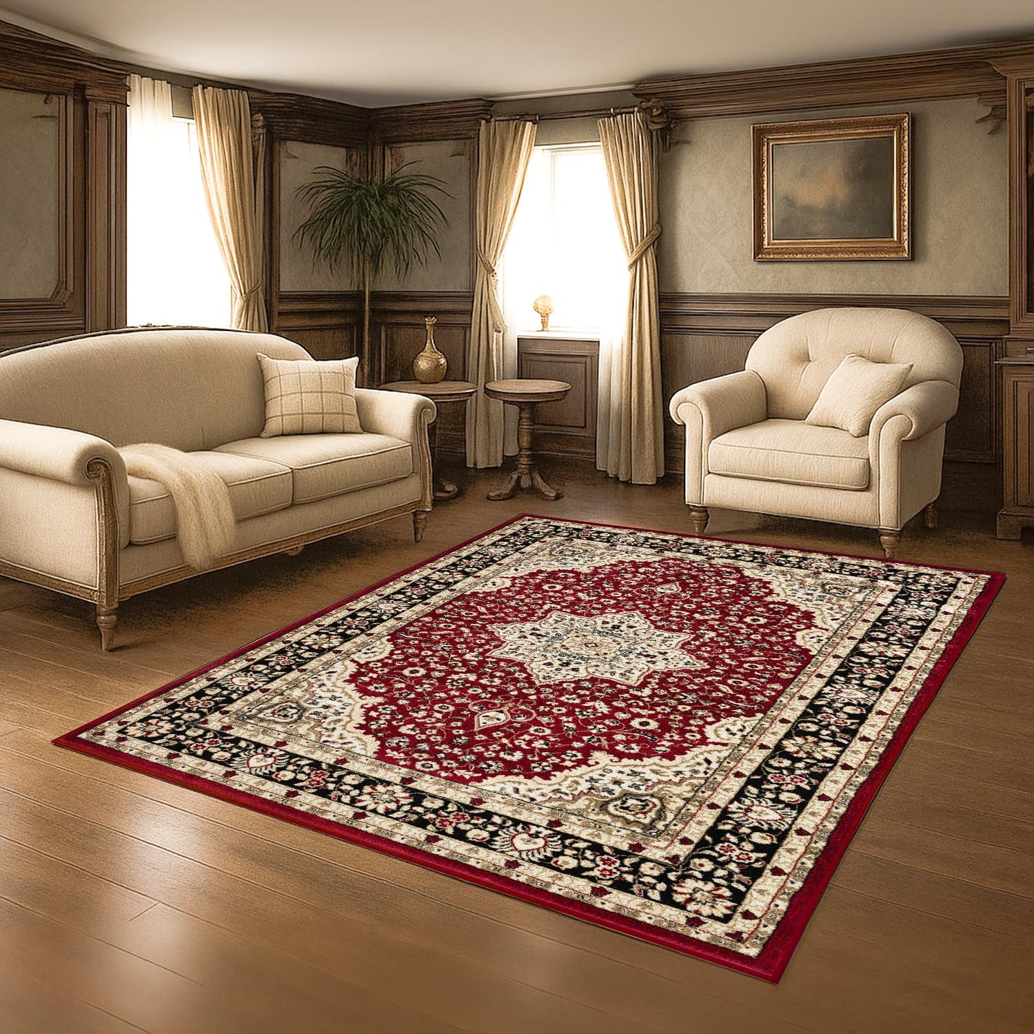 Fit Even Traditional Rome Rug – Large Washable Non-slip Carpet for living Room, Bedroom, Lounge Dining, Kitchen Thick Soft Indoor Floor Rugs (Red, 160x230 cm)