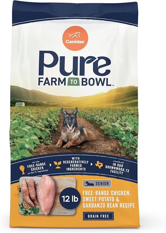 CANIDAE Pure Farm to Bowl, Chicken, Sweet Potato & Garbanzo Bean, 12 lb | Senior Dog Dry Food with Balanced Nutrition, Limited-Ingredient Formula, Protein Rich, Grain, Wheat & Soy-Free