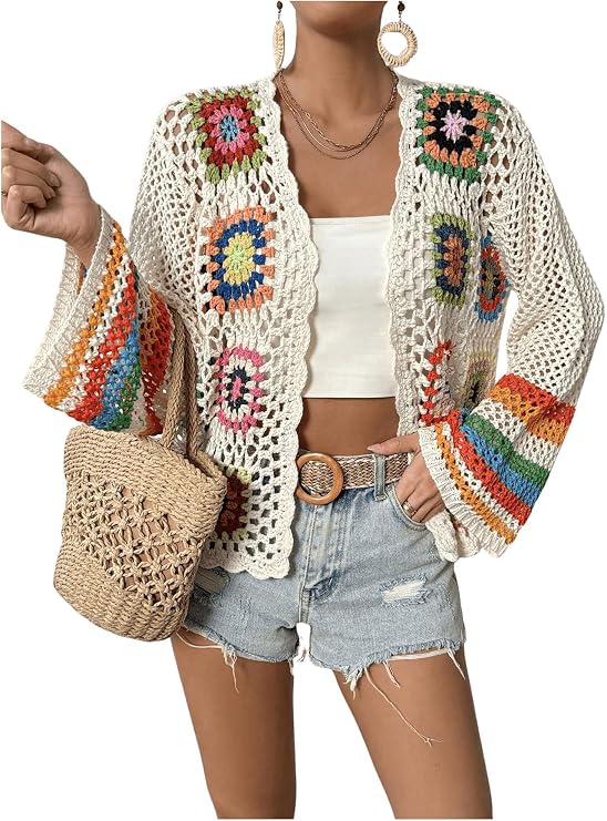 SHENHE Women's Floral Crochet Cardigan Long Sleeve Cardigan Sweater