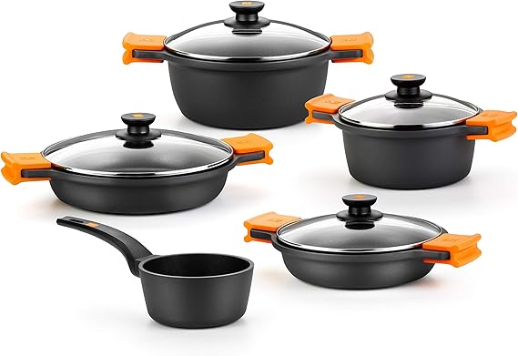 BRA Efficient 9 Piece Non-Stick Cast Aluminium Cookware Suitable for All Hobs and Induction Hobs (Includes 4 Pots and 1 Pot + 4 Lids)