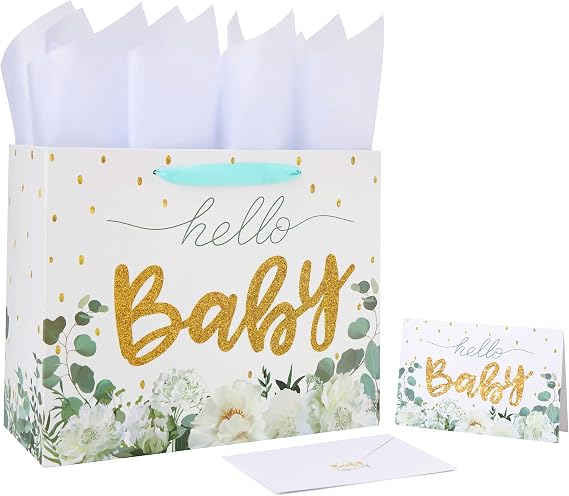 13" Large White Gift Bag Set with Greeting Card and Tissue Papers (Gold Glitter Baby) for Girls' Birthday Party, Women's Birthday Parties, Baby Shower, Baby Girl or Boy - 13x5.2x10.2, 1 Pcs.