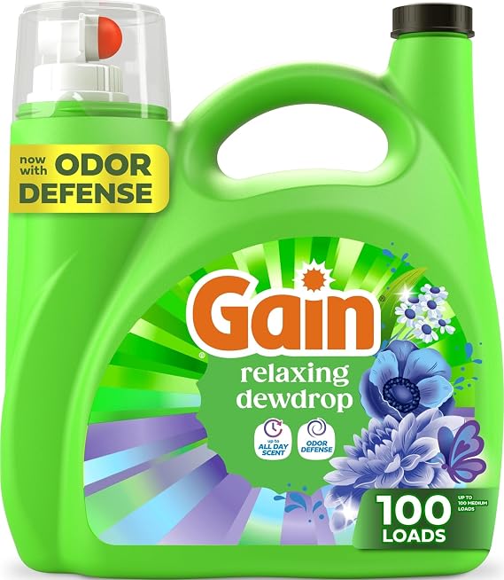 Gain Liquid Laundry Detergent, With Odor Defense, Relaxing Dewdrop Scent, Laundry Soap For HE Washing Machines, 132 fl oz, 100 Loads (Packaging May Vary)
