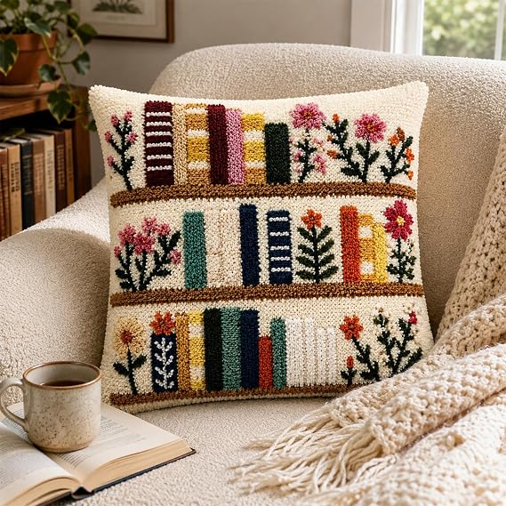 Book Shelf Theme Latch Hook Cushion Kits, 3D DIY Latch Hook Kits for Adults