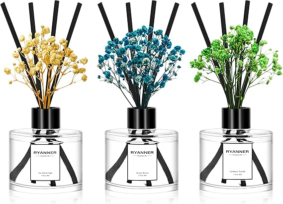 Reed Diffuser Set of 3 Pack,Cashmere Vanilla/Sea Salt&Sage/Ocean Breeze Scented Oil Diffuser with Sticks(1.7 fl oz Each Pack),Air Freshener for Bedroom Bathroom Office | Shelf Decor