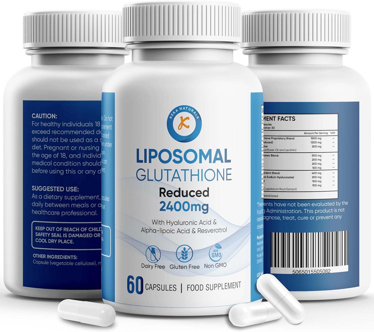 Liposomal Glutathione 2400mg, with Hyaluronic Acid, Resveratrol, Active Form L-Glutathione Reduced (GSH) Max Absorption, 60 Capsules