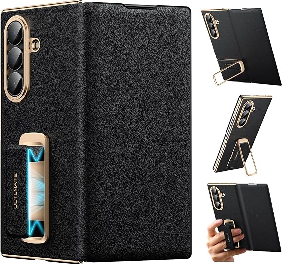 Magnetic Leather Case for Samsung Galaxy Z Fold 7 with Rotating Kickstand & Wrist Strap, Premium Vegan Leather & Full Hinge Camera Protection, All-Around Shockproof Protection Cover, Black
