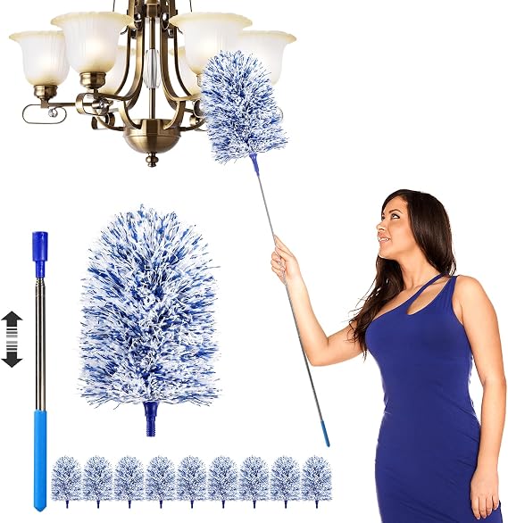 Extendable Microfiber Duster, 20-49 in, 10 Replaceable Heads, Navy Blue | 20-49 in reach, 10 Replaceable Heads, Bendable microfiber head, Static pickup, For ceilings, fans, windows and furniture