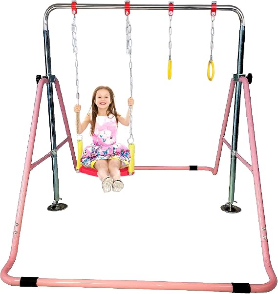 Gymnastics Expandable Junior Training Monkey Horizontal Bars Climbing Tower Child Play Pink Training Pull Up Gym + Swing Seat + Trapeze Rings.Set
