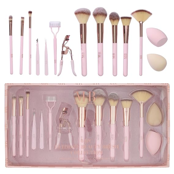 14pc Rose Gold Ultimate Beauty Brush Collection - Makeup Brushes, Eyelash | Makeup Brushes, Eyelash Curler, Tweezers & Sponge. Professional Face & Eye Cosmetic Tools for Women - Full Glam Kit & More