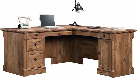 Sauder Palladia L Shaped Desk with Drawers, Office Desk with File Cabinet Storage, Cable Management, Keyboard Tray, in Vintage Oak Finish