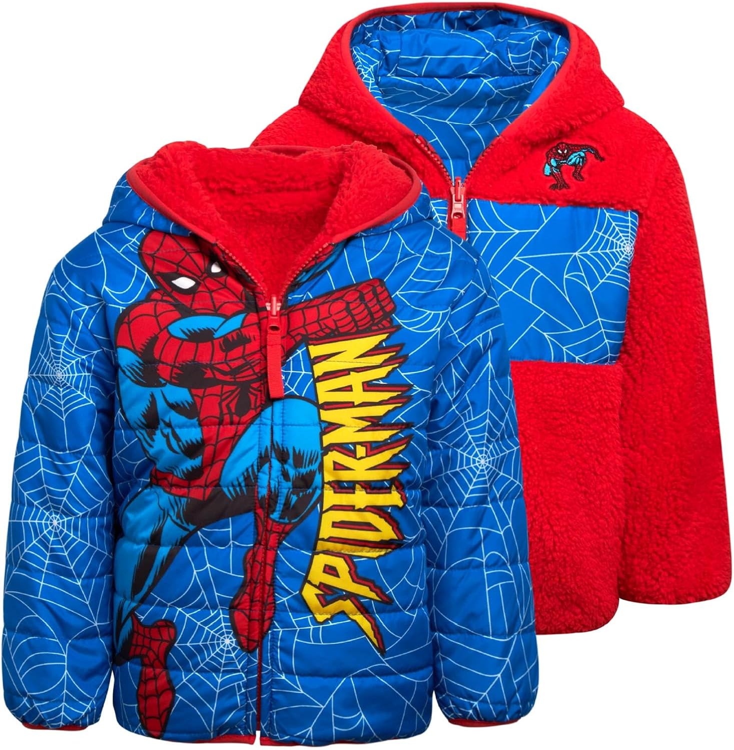 Marvel Boys’ Avengers Spider-Man Reversible Jacket – Spidey Quilted Puffer Coat with Sherpa Fleece Lining 2T-20